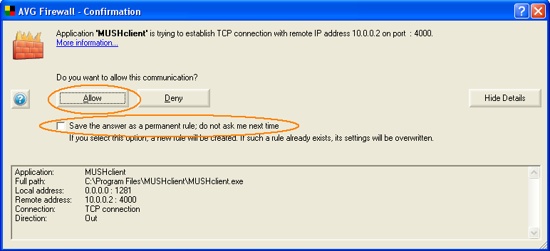 Firewall access dialog