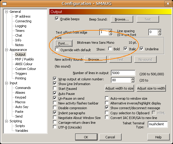Output font configuration